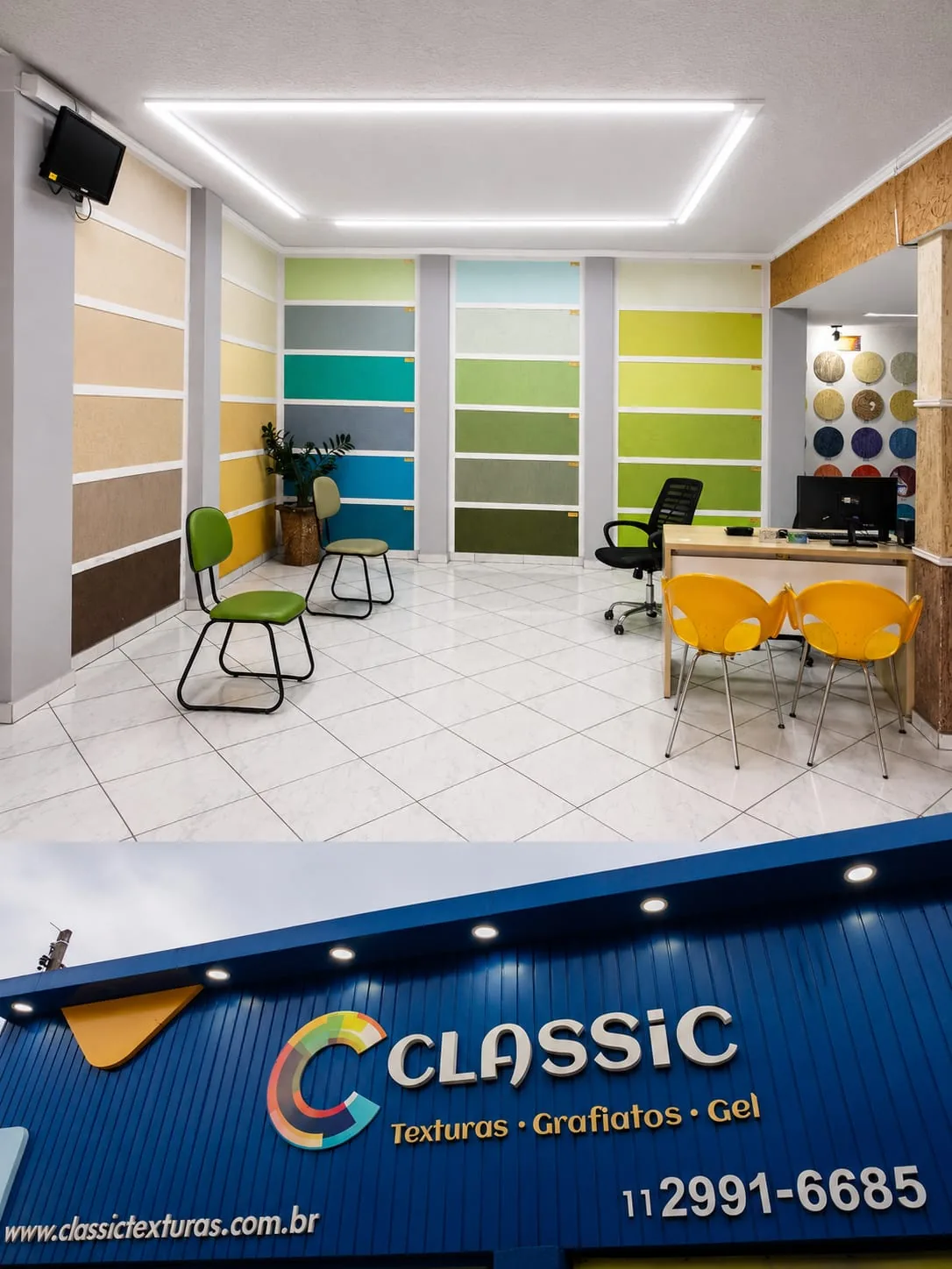 Showroom da loja da Vila Nova Mazzei, com painéis de cores nas paredes e mesa de atendimento